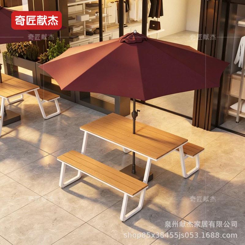 现户外庭院桌椅组合连体式休闲桌椅带伞长凳景区酒店商业餐桌椅