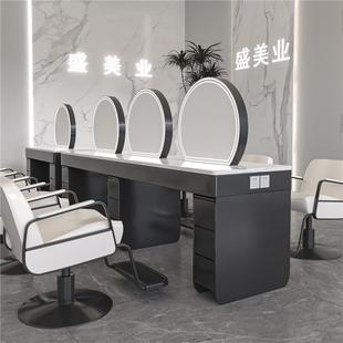 网红美发店烫染镜台发廊专用不锈钢带柜美发镜理发店带灯双面镜子