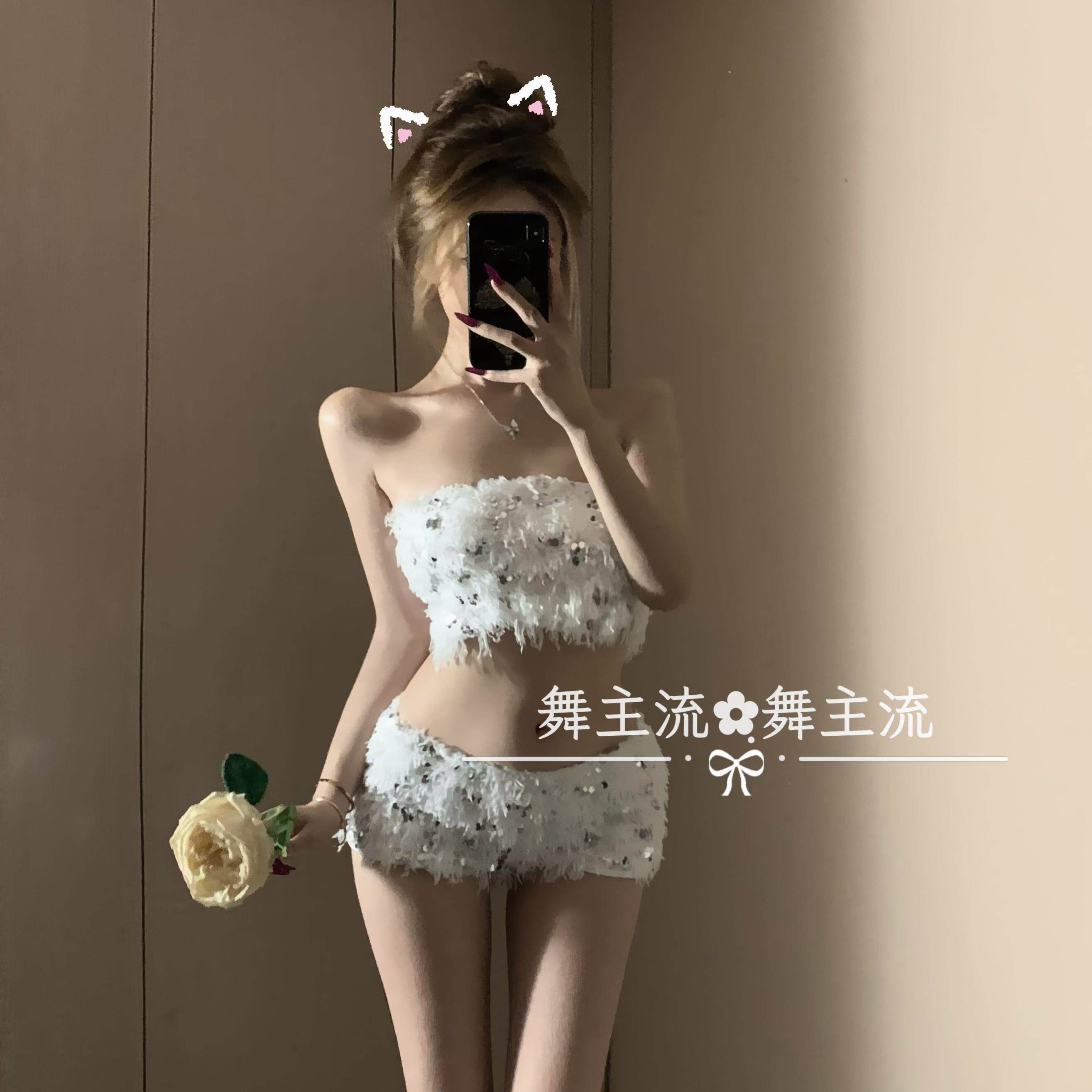 酒吧DS性感跳舞GOGO演出服女团派对白色毛毛抹胸短裤dj爵士舞套装