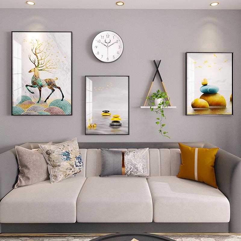 新中式客厅3框晶瓷铝合金装饰画组合发财鹿挂画卧室墙上画框饰品
