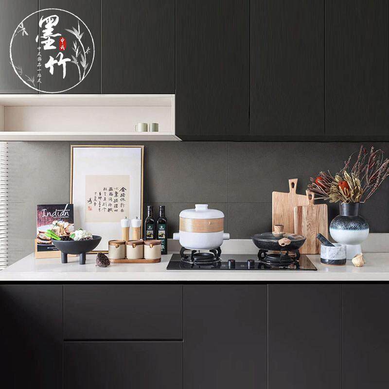 新中式简约风样板间厨房装饰品组合麦饭石锅具研磨器软装摆件套装