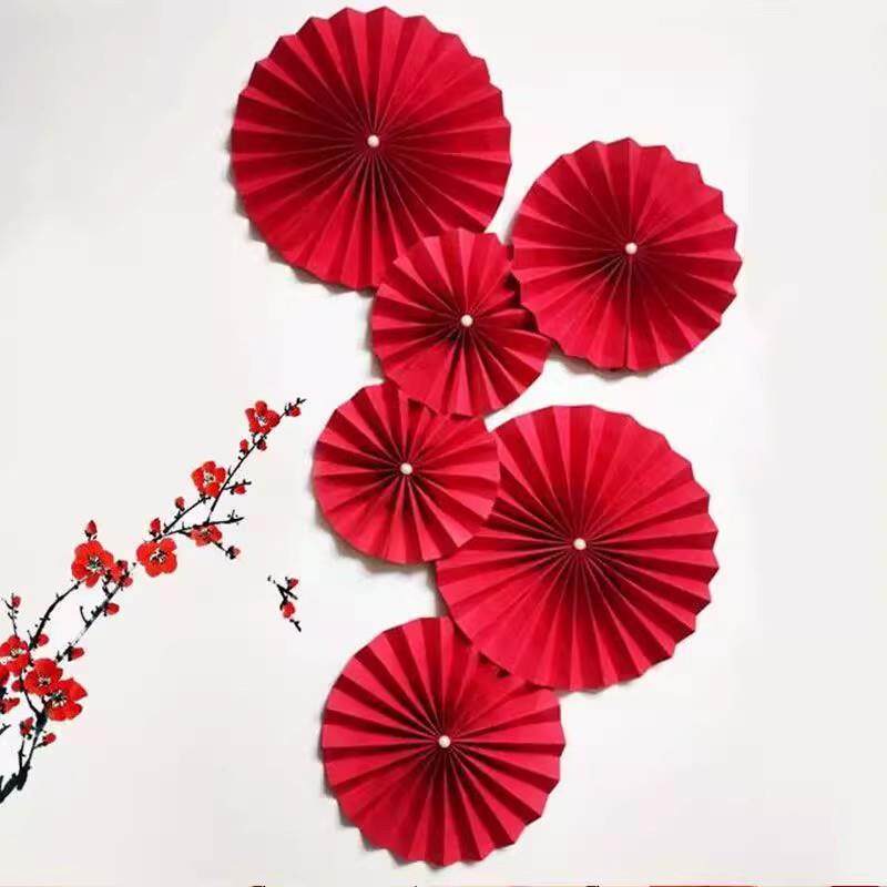 婚房装饰纸扇花套装结婚喜字折扇婚礼圆扇新房场景布置珍珠纸扇花