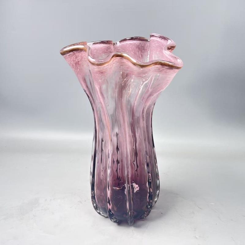 彩色玻璃吹制粉色琉璃花瓶摆件家居工艺品琉璃装饰白菜瓶花边口装