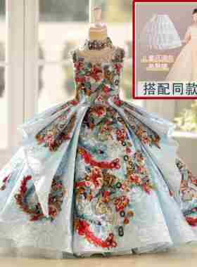 正品女童礼重蓝色高端轻奢小演众儿童国潮公服主裙走秀主持人工出