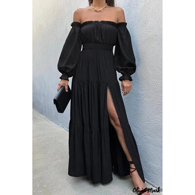 One piece collar, exposed shoulder, lotus leaf edge, long