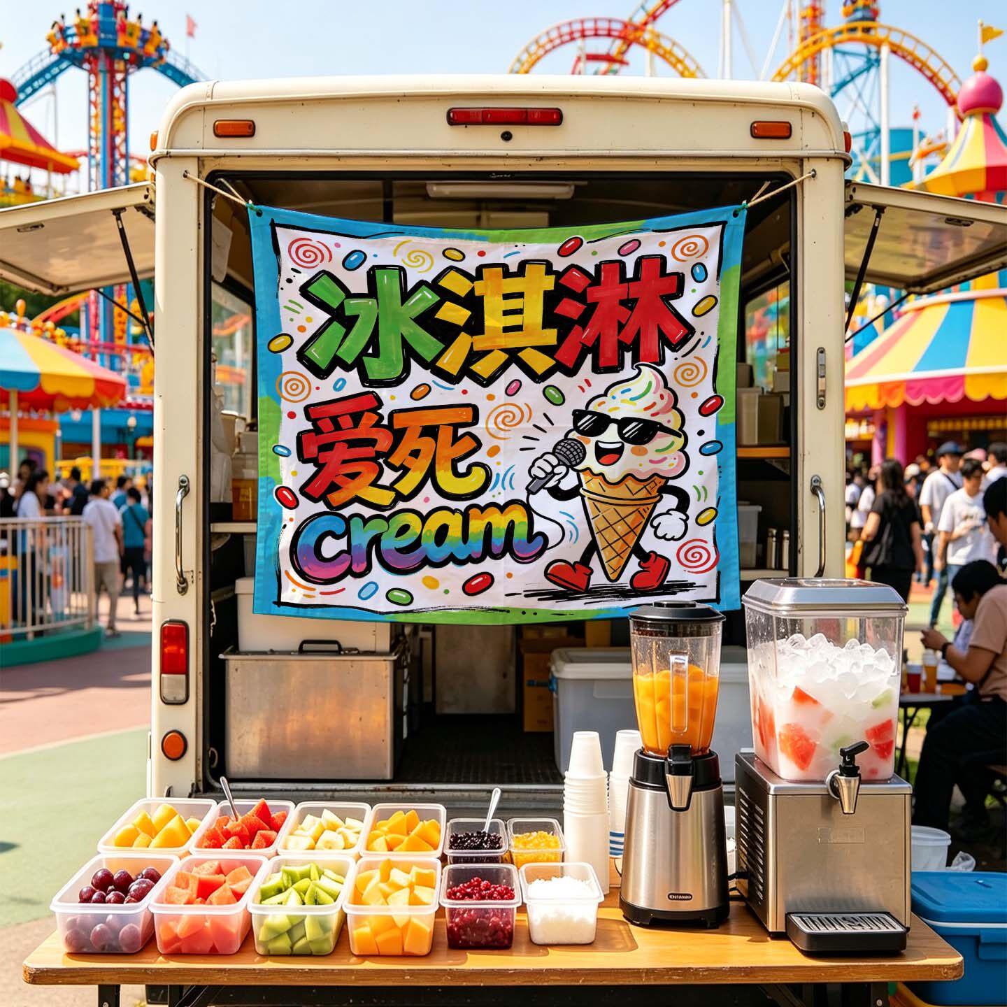 冰淇淋果汁冰沙趣味吸睛摆摊装饰挂布集市夜市摆摊横幅招牌广告布