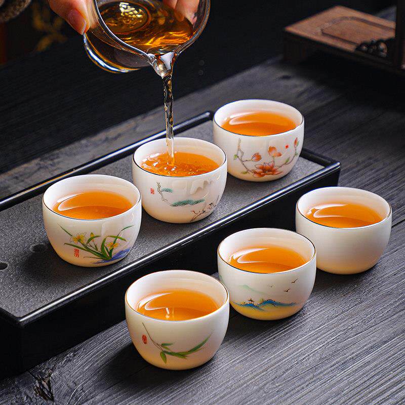 景德镇功夫茶杯6祇装厚胎不烫手羊脂玉白瓷品杯陶瓷杯茶具送杯架