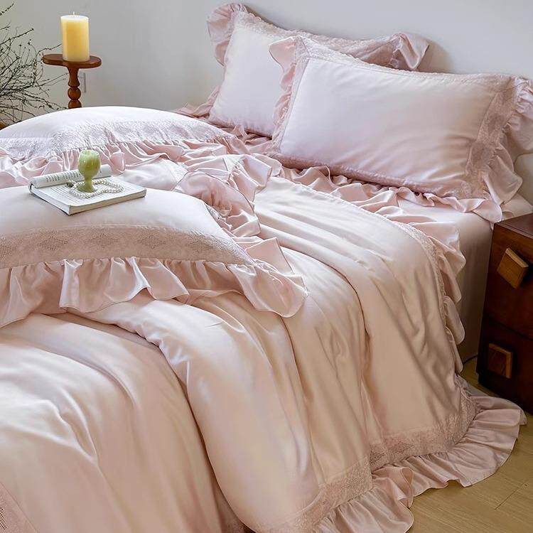 法式春夏季80支天丝四件套浪漫荷叶花边被套凉感丝滑1.8m床上用品