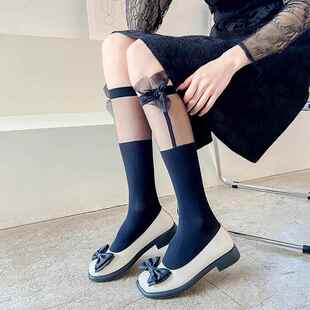 春品网纱拼接洛丽塔袜子女 夏天蝴蝶结黑白丝袜jk小腿袜潮定制