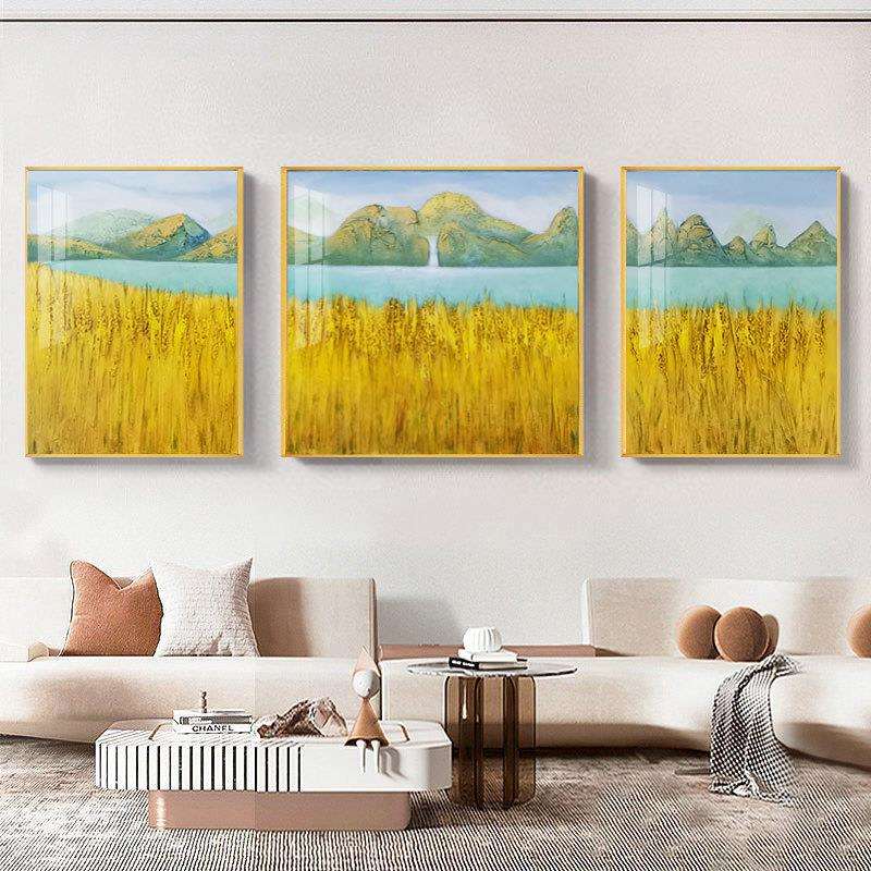 纯手绘海岸黄金麦装饰画沙发墙挂画现代三联立体肌理风景油画背景