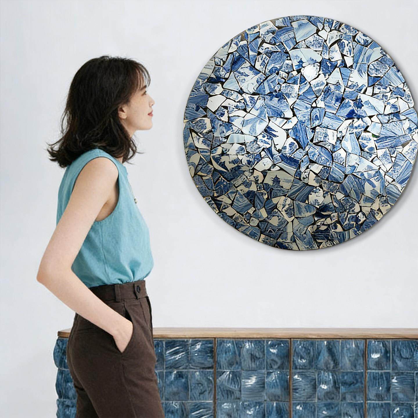 《岁岁平安》新中式青花瓷装饰画陶瓷片拼贴创意挂画圆形壁画客厅