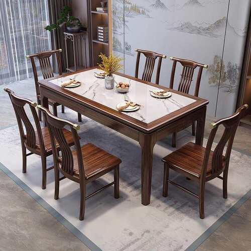 新中式乌金木实木岩板餐桌家用小户型餐厅饭桌简约现代长方形桌子