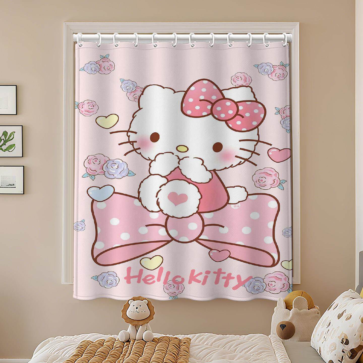 卧室窗帘免打孔儿童房小窗户全遮光飘窗遮阳布遮挡短KT猫公主粉色