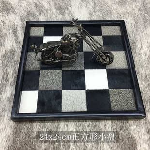 实木盘高档装饰品格马毛方形样板间盘棋盘手工真白灰皮托黑收纳