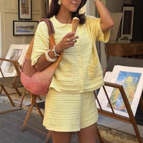 Women's Cotton Knit 2 Piece Outfit Short Sleeve Button