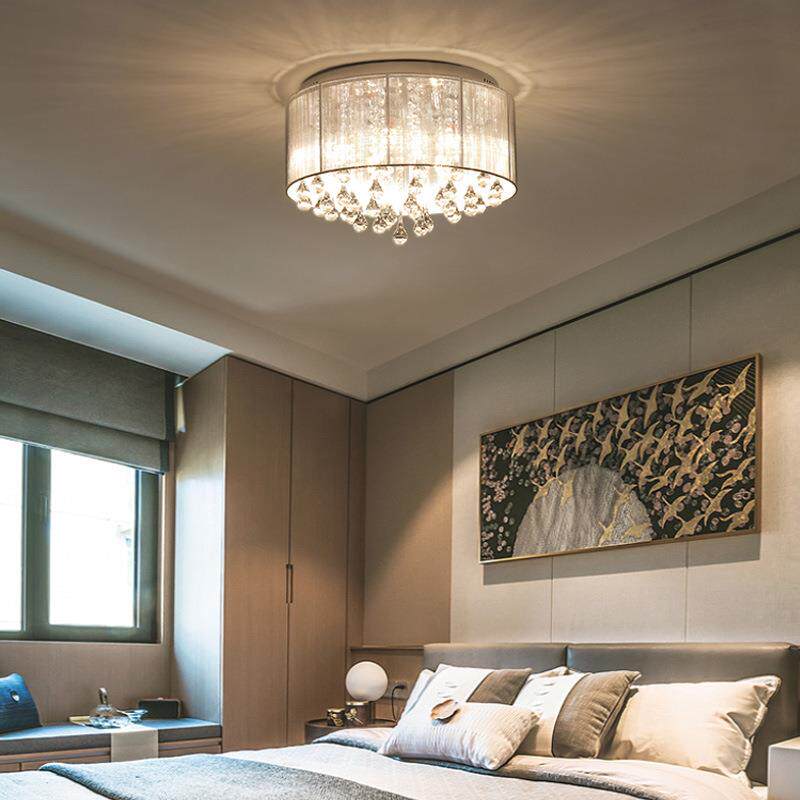 现代简约布艺吸顶灯主卧室水晶房间温馨浪漫圆形创意个性书房灯具
