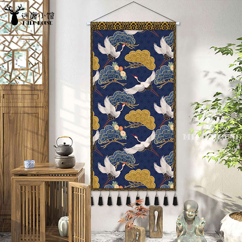 日式仙鹤挂毯玄关走廊布艺挂画餐厅装饰画客厅墙面背景布书房壁图片