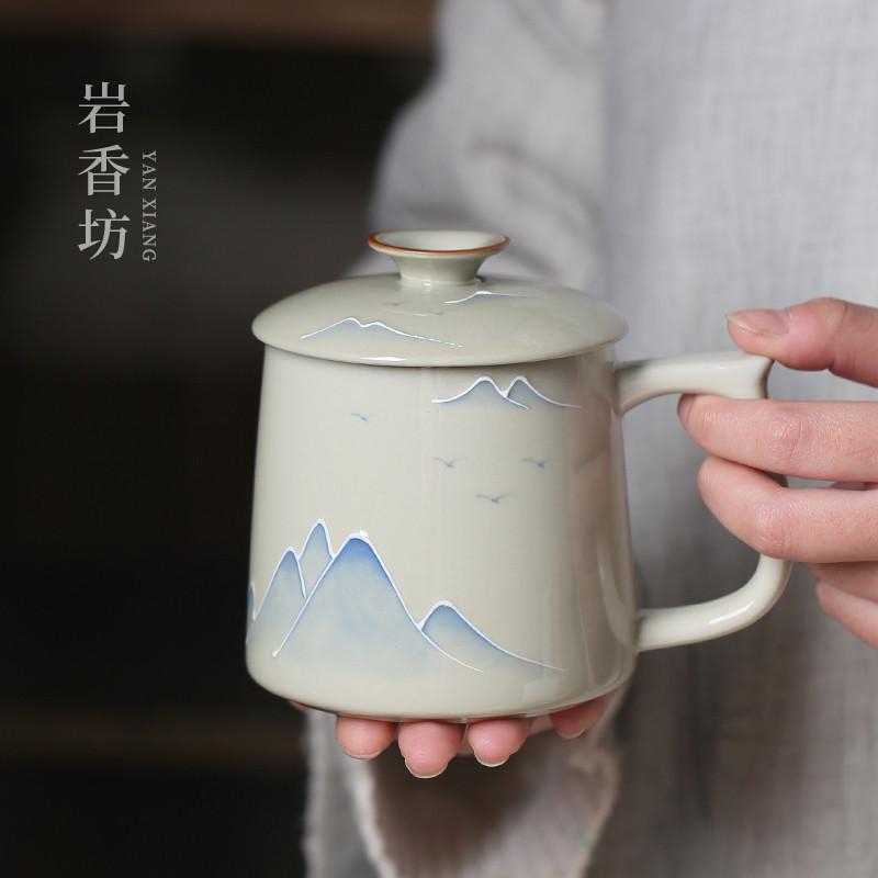 杯喝水釉草木灰远山复古彩办公中式水杯下家用水杯陶瓷手绘