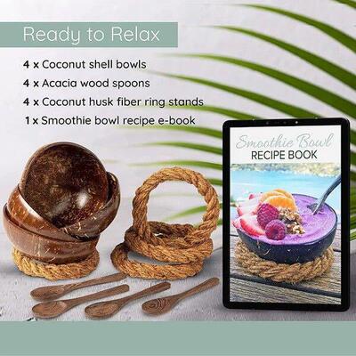 FO-Coconut Bowls With Spoons & Stands - Set Of 4 Coconut