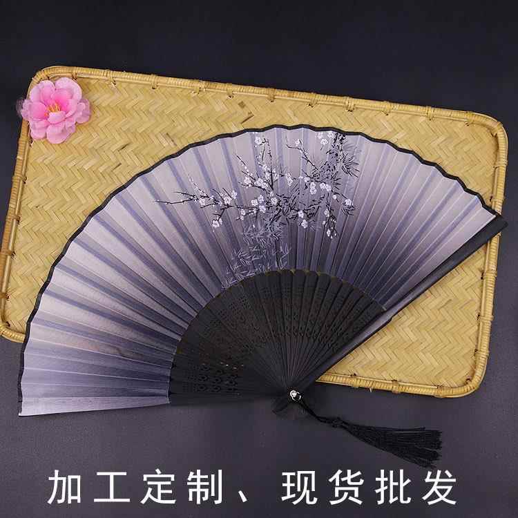 二青一笑扇中国风中长柄绢扇折扇中国风汉服韩服创意搭配扇子