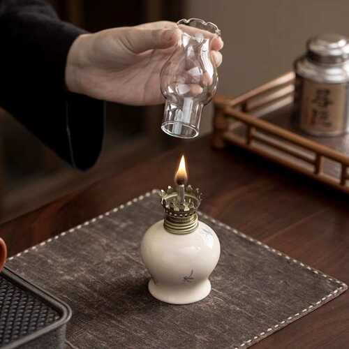 手绘陶瓷酥油灯中式茶室摆件家用油灯创意氛围灯露营茶空间灯盏