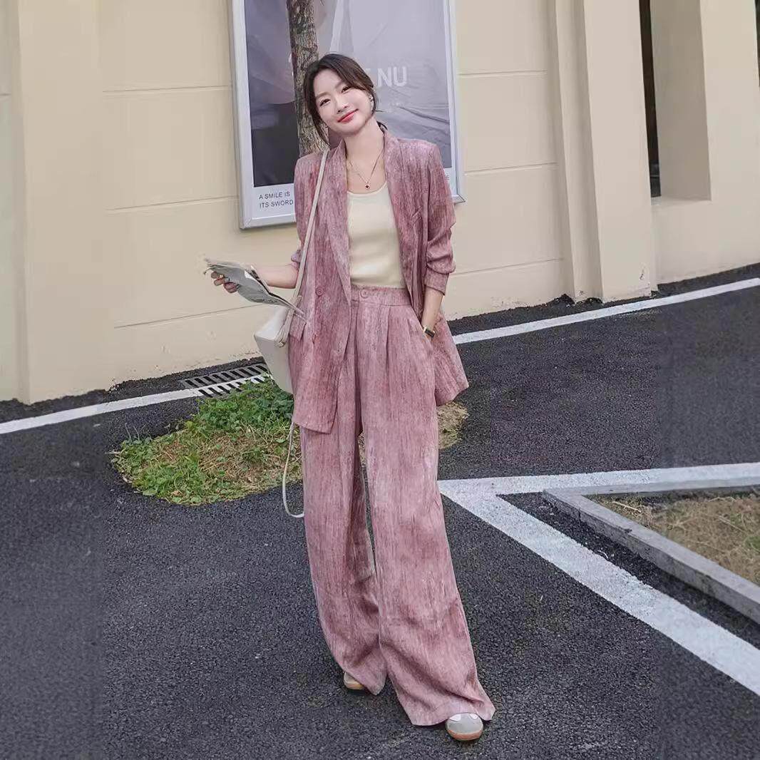 大码女装复古休闲西装阔腿裤两件套2025春秋装胖mm时尚西服西裤