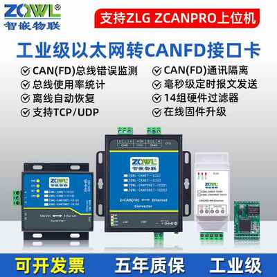 智嵌物联隔离型CAN转以太网模块CANFD转网络CANopen J1939 OBDZLG