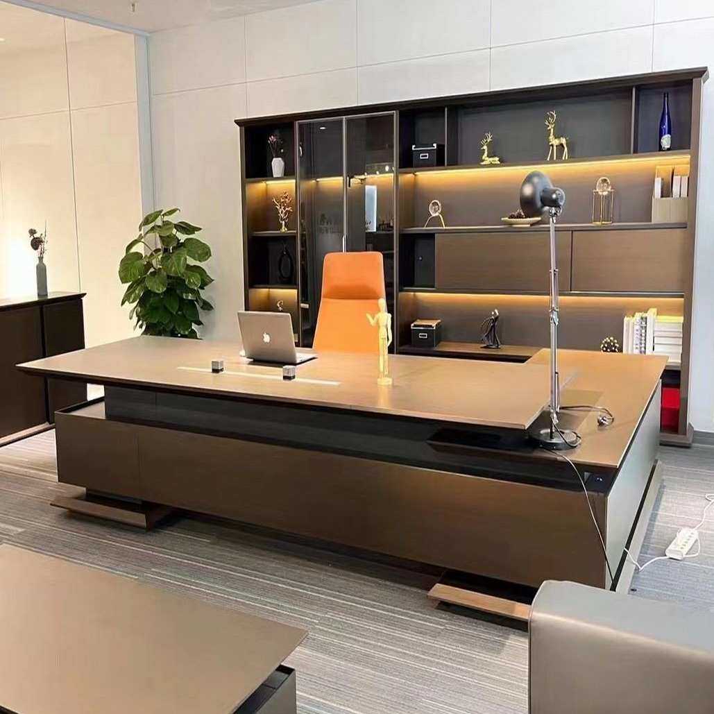 胡桃木实木皮老板桌总裁办公总经理轻奢办公室大班台简约现代桌椅