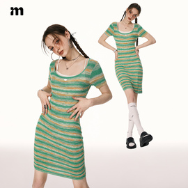 imone绿色条纹甜美短袖，连衣裙女夏季高腰，显瘦中长款裙子
