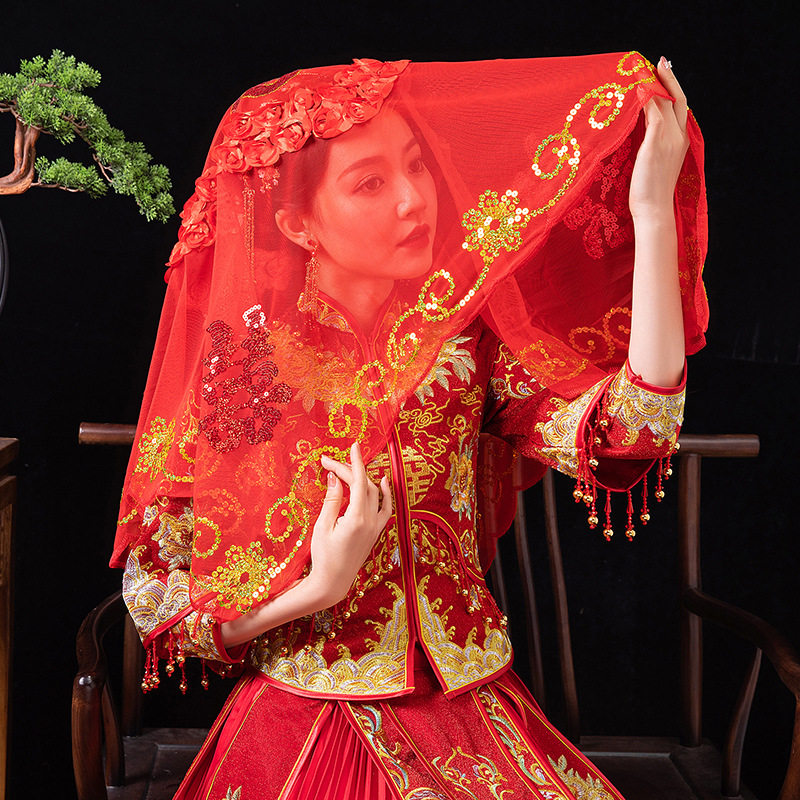 新娘红盖头半透明纱2024结婚中式婚礼头纱秀禾服高级蒙头红色喜帕