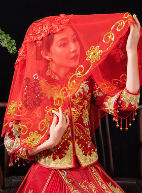 红盖头新娘结婚蕾丝红色古风头纱