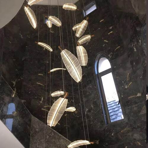 树叶羽毛亚克力棒吊灯后现代别墅中空跃层楼梯Loft大厅艺术创意