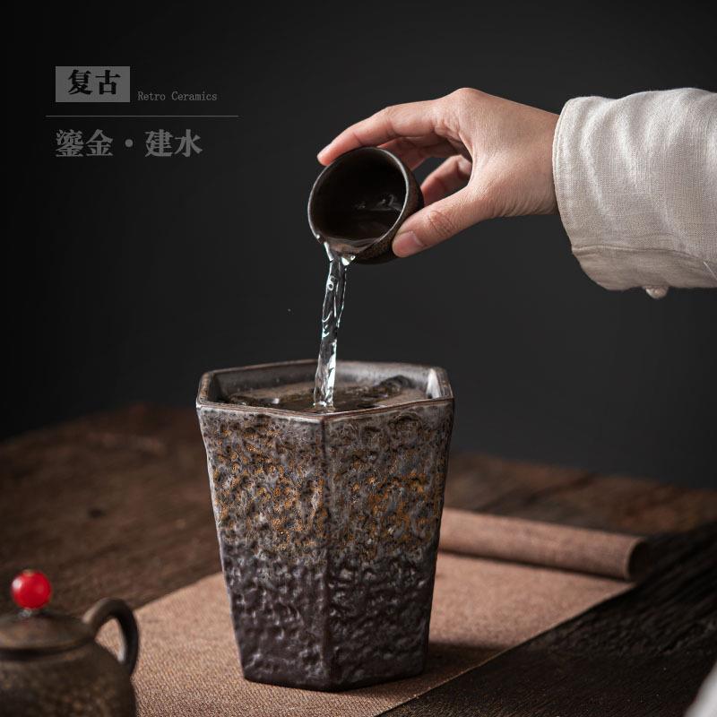 仿古鎏金茶渣缸带盖粗陶建水笔洗养壶垫壶承复古水孟杯洗茶道配件