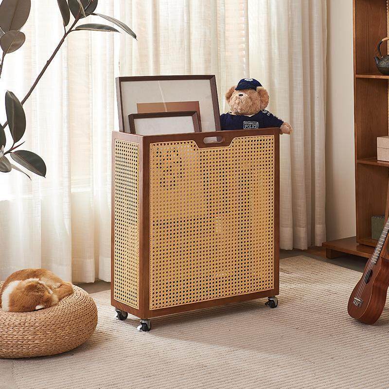 中古实木藤编收纳箱羽毛球拍瑜珈垫健身器材储物收纳筐可移动带轮