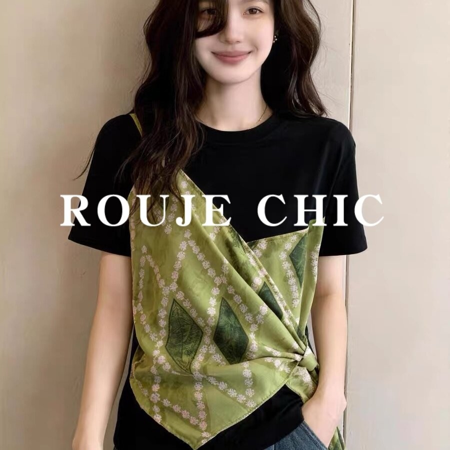 法国rouje chic设计感撞色碎花拼接短袖T恤女夏新款小众系带上衣