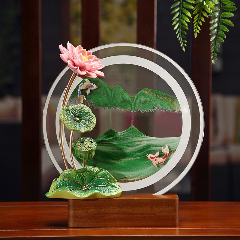 新中式荷花流沙沙画漏摆件客厅电柜酒柜办室装饰C2474乔迁新居公图片