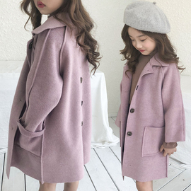 韩国女童秋冬装儿童中长款双面，呢洋气大衣，女孩中大童宽松毛呢外套