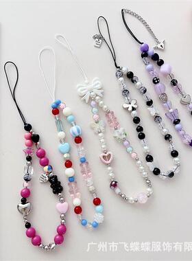 甜酷风爱心蝴蝶结ccd相机手绳亚克力手工串珠手机链条diy手机挂链