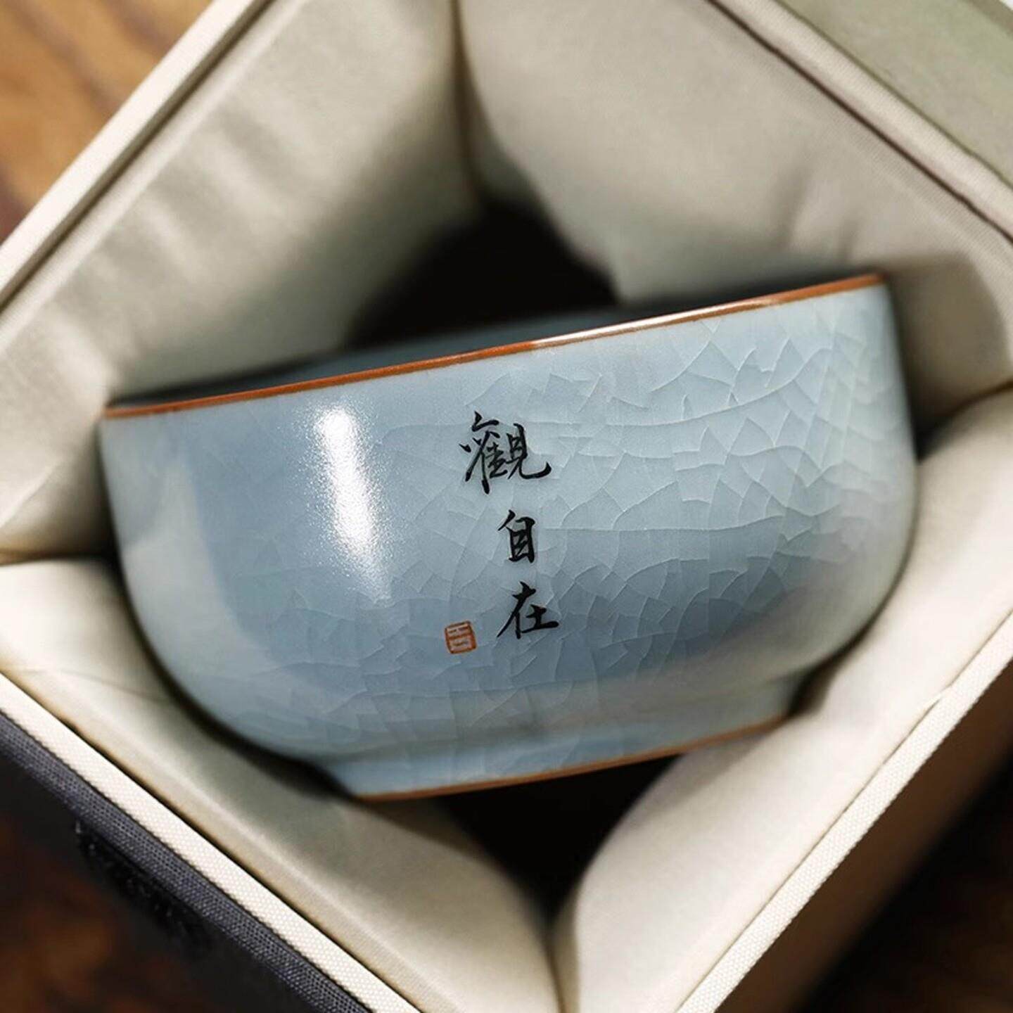 私人定制景德镇纯手工汝窑大号主人杯品茗杯开 片可养陶瓷茶杯刻