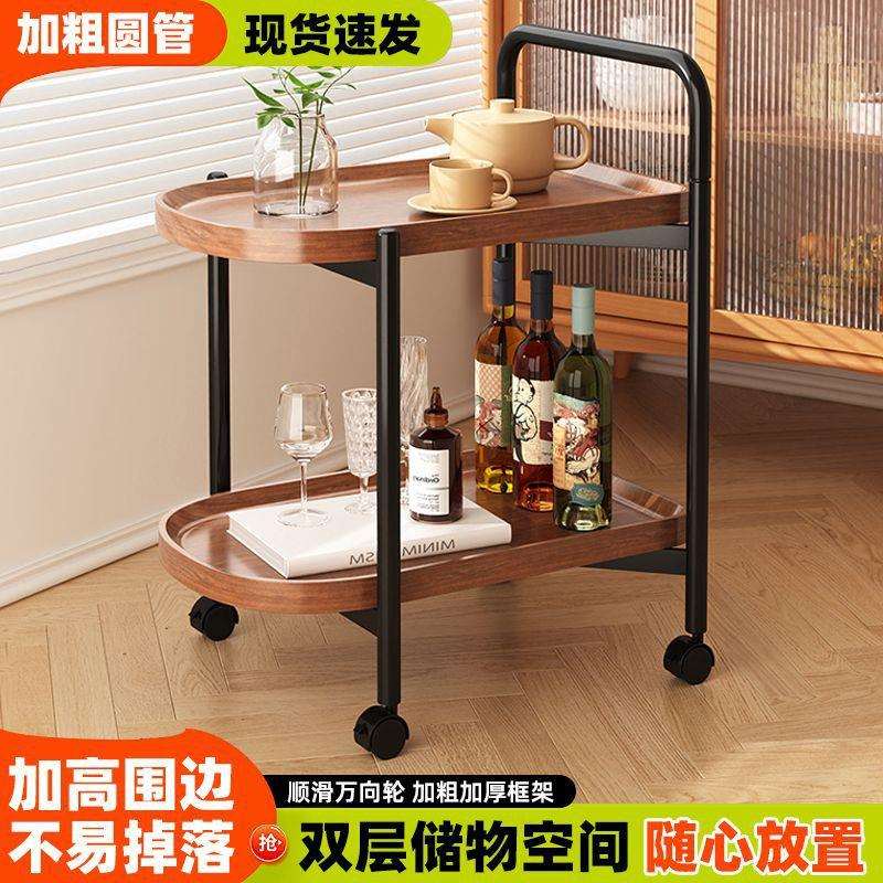带轮茶几小桌子复古小推车家用客厅沙发床头小边几圆形双层置物架