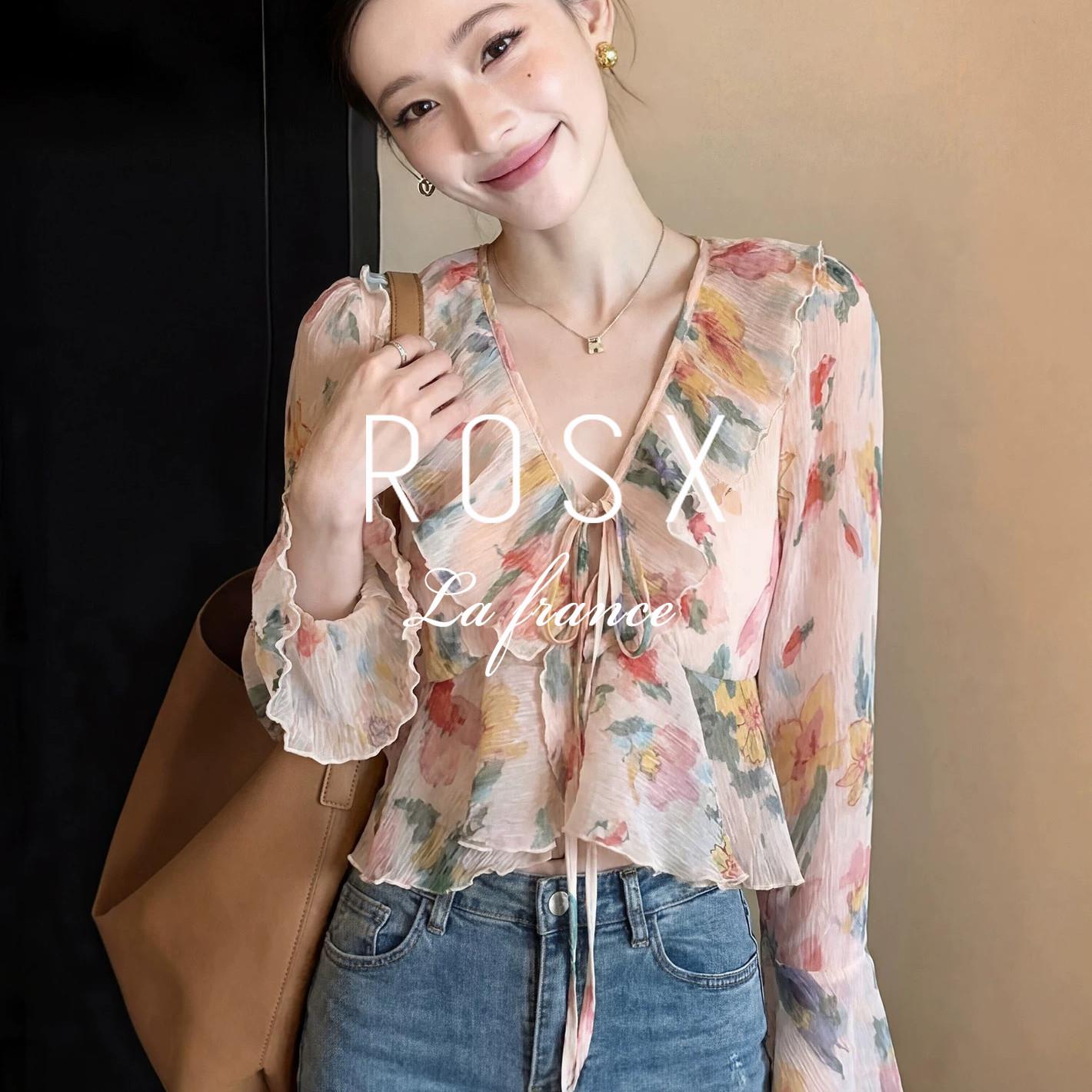ROSX法式荷叶边v领系带碎花衬衫女春夏新款吊带外搭薄纱防晒罩衫