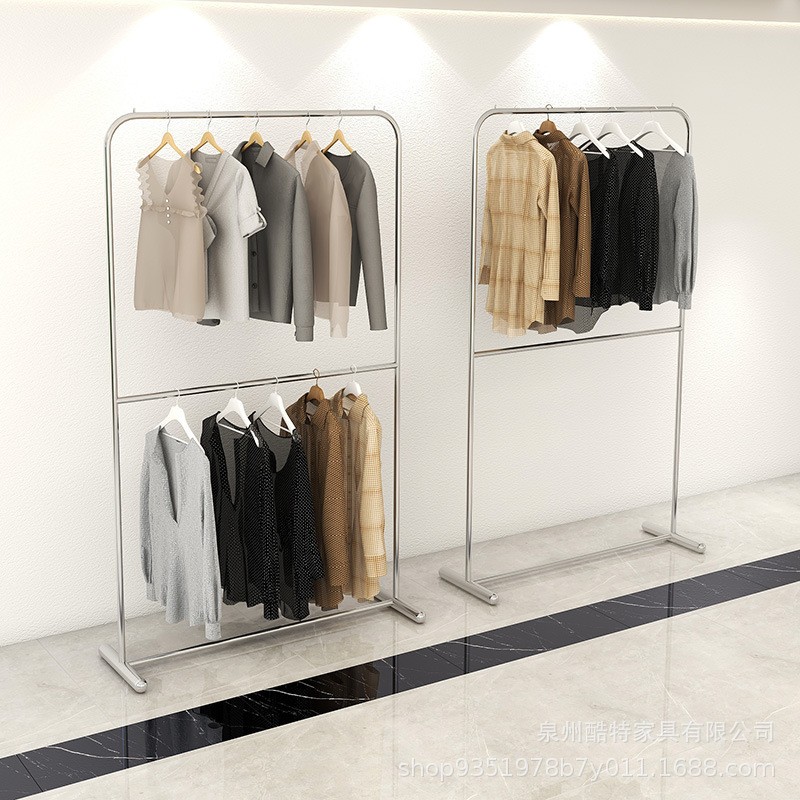 服装店男女服装简约展示架不锈钢落地式双层货架升降可调节挂衣架