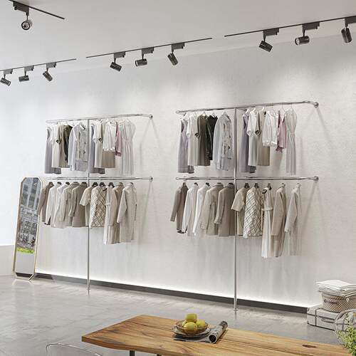 服装店展示架双层陈列架上墙不锈钢上下壁挂式童装挂衣架银色货架