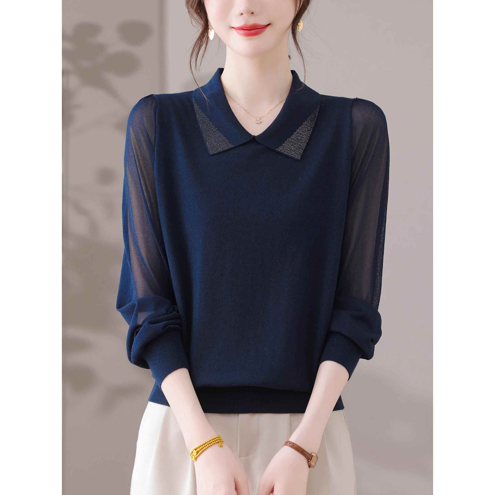 网纱衬衫领长袖针织衫女薄款春秋2025新款宽松洋气纱袖打底衫上衣