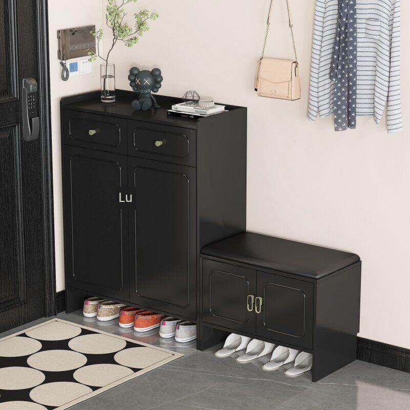 家庭入口鞋柜黑色小户型狭窄小尺寸实木可坐节省空间现代简约阳台