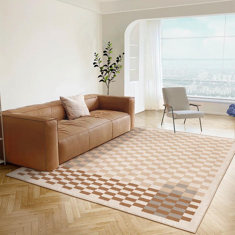 现代简约棋盘格子客厅沙发茶几地毯家用卧室北欧轻奢高级咖色地垫