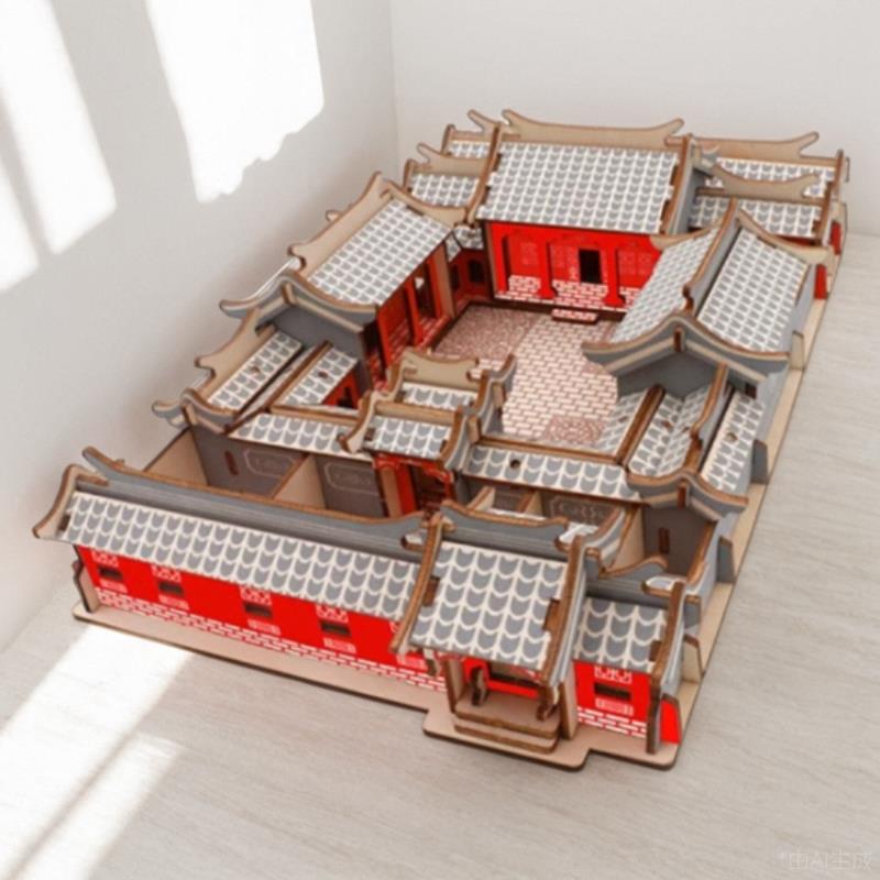 北京四合院木质模型3D立体拼图手工建筑拼装木制民居材料手工拼装
