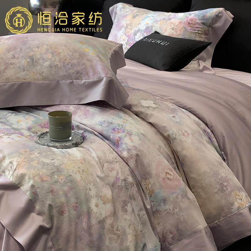 美式油画风长绒棉四件套全棉复古风数码印花拼接被套床品粉紫色