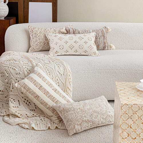 法式复古奶油风沙发抱枕高克重雪尼尔提花装饰腰靠流苏设计氛围感