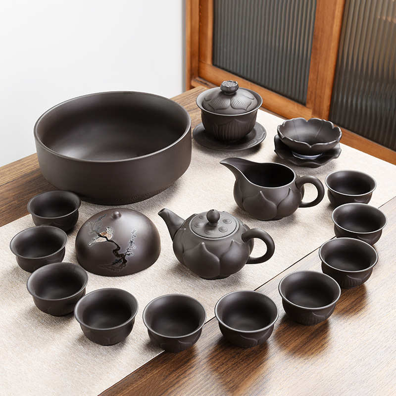 紫砂功夫茶具套装原矿茶壶盖碗茶杯茶洗茶海简约整套礼品茶道配件